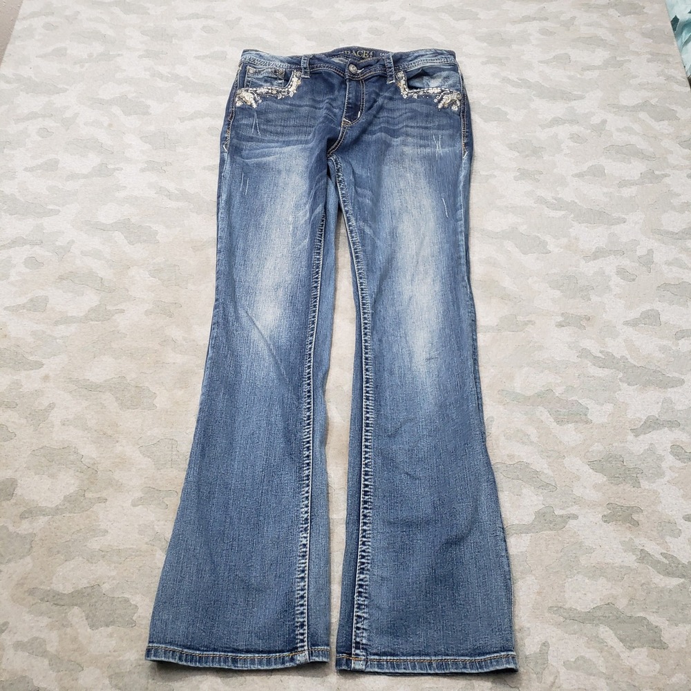 Grace in LA Jeans Womens 34 Blue Embroidered Sequin Bootcut Denim Medium Wash